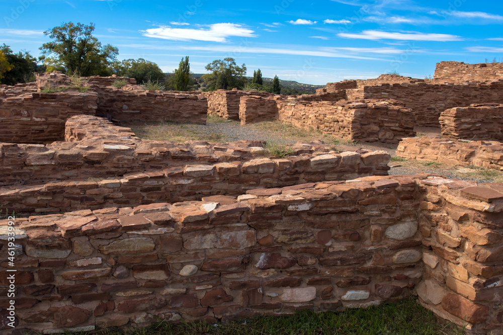 Low rock walls at Abo mission church at Salinas Pueblo Missions in New Mexico
