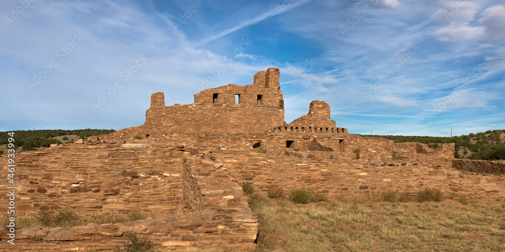 Wide-angle view of the massive Abo church in Salinas Pueblo Missions National Monument in New Mexico