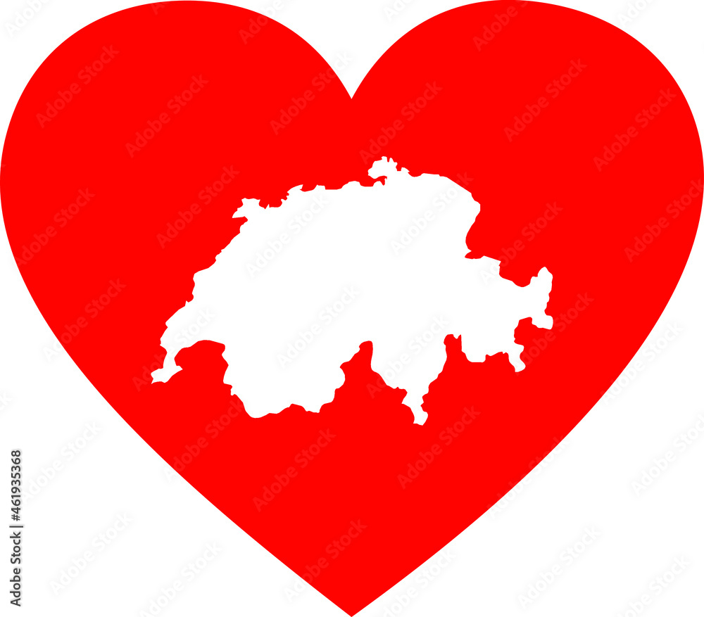 White map of Switzerland inside red heart shape