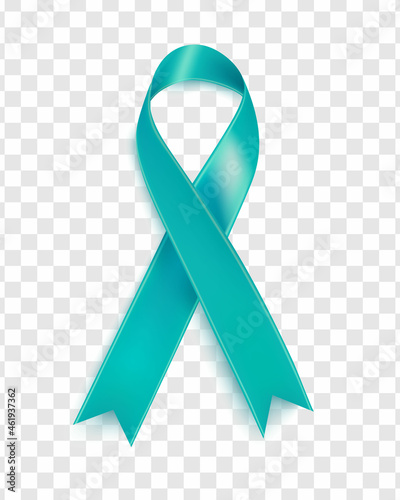 Vector illustration of ovarian cancer awareness tapes isolated on a transparent background. Realistic vector teal silk ribbon with loop.Turquoise ribbon for banners, posters