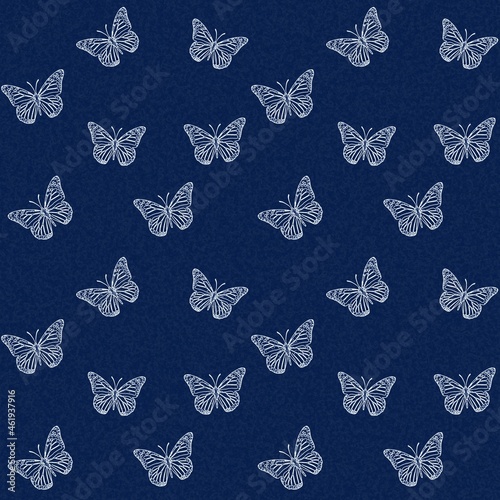 Seamless navy blue background with white butterflies