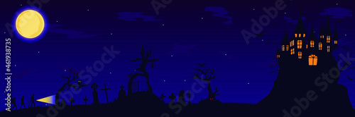 noche en el cementerio explorando el cielo nocturno murciélagos castillo siluetas negras halloween ilustración vectorial luna llena