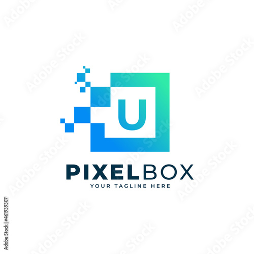 Initial Letter U Digital Pixel Logo Design. Geometric Shape with Square Pixel Dots. Usable for Business and Technology Logos