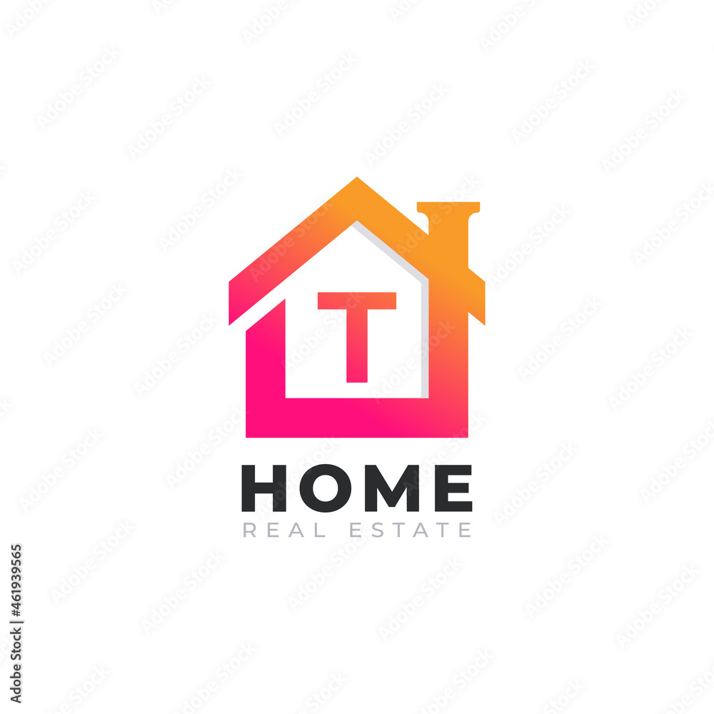 Initial Letter T Home House Logo Design. Real Estate Logo Concept. Vector Illustration