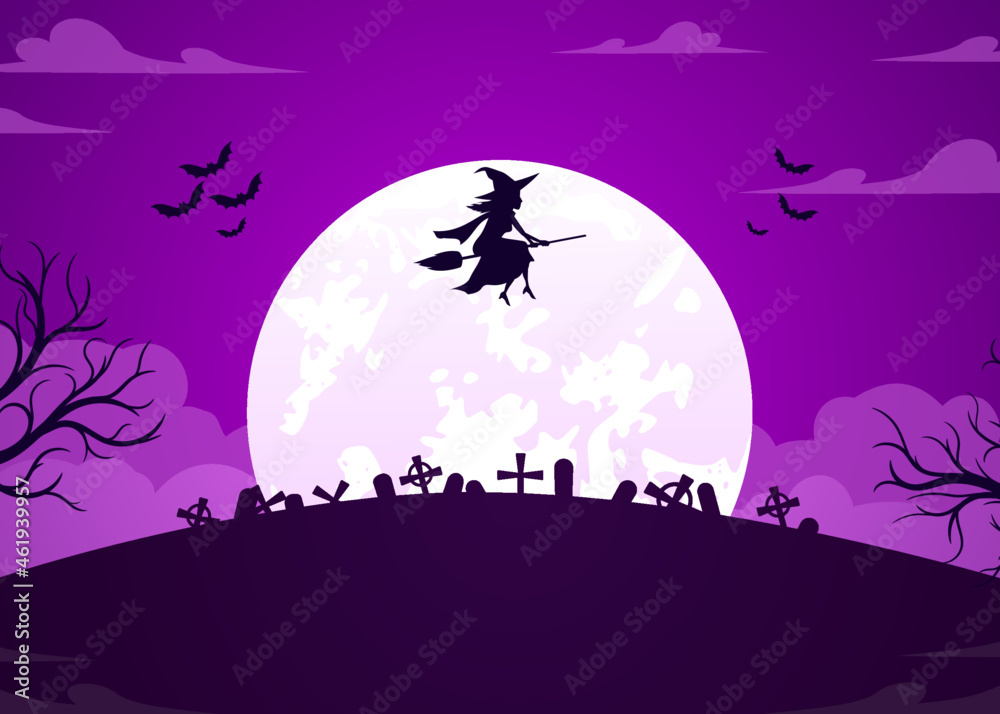 halloween flat background with witch illustration flying over cemetery area