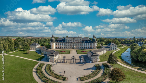 Aerial view of L'Huillier-Coburg Palace in Edelény is the seventh largest palace in Hungary. Prominent example of early Baroque architecture with garden photo