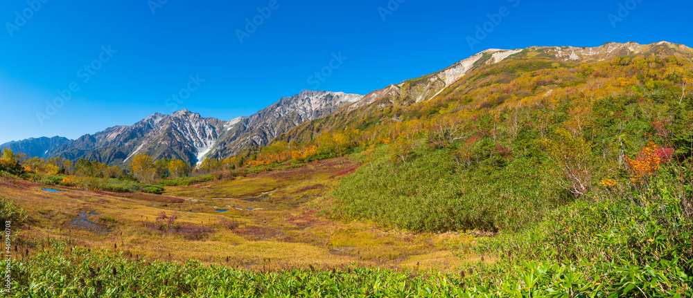 紅葉の白馬三山　ワイドパノラマ