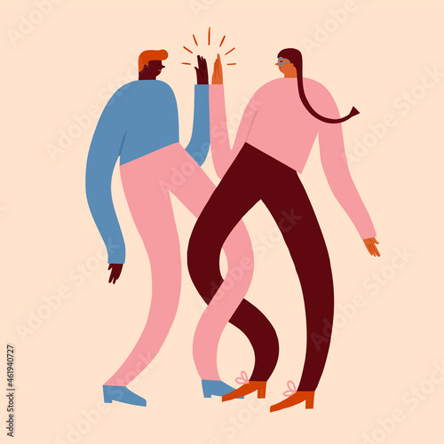 Couple of men and women dancing and celebrate success in business, study or relationships, give hand five to each other. Connection and solidarity illustration in vector. Vector illustration
