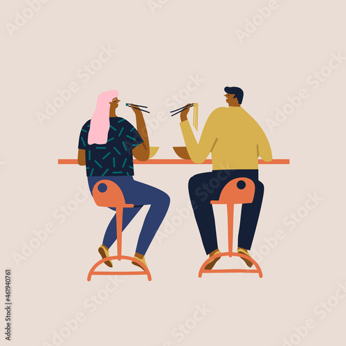 Men and women eat ramen and sushi together on date illustration in vector. People have lunch in asian restaurant. Vector illustration