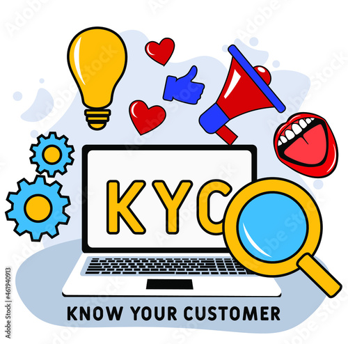 KYC or know your customer concept. Idea of business identification and finance safety. magnifyng glass. Cyber crime. Isolated flat illustration
