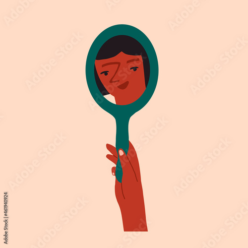 Women looking in the mirror and smiling, positive thinking and self acceptance illustration. Vector illustration