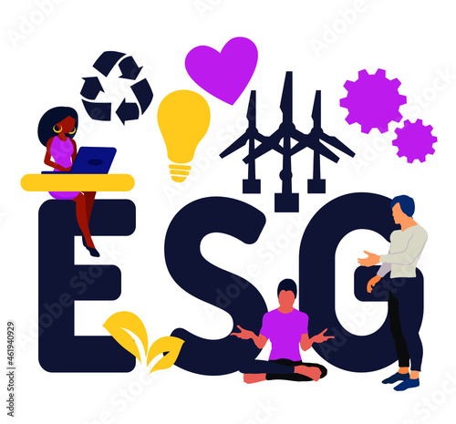 ESG, Environmental, Social and Governance. Concept with keyword, people and icons. Flat vector illustration. Isolated on white background. ESG business company criteria. Sustainable, ethical business 