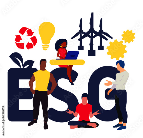 ESG, Environmental, Social and Governance. Concept with keyword, people and icons. Flat vector illustration. Isolated on white background. ESG business company criteria. Sustainable, ethical business 