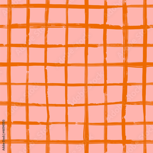 Abstract minimalistic seamless pattern with pink and orange plaid ornament. Vector illustration