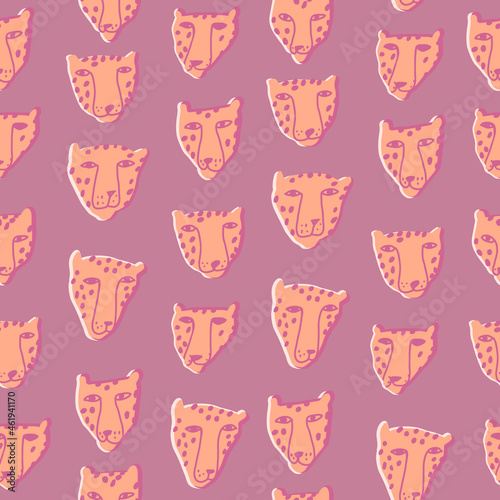 Leopard funny heads seamless pattern. Isolated animals heads on the pink and purple background. Vector illustration