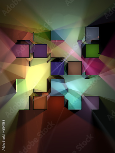 Abstract digital illustration of an array of cube shapes, colorful lights, and shadows on a dark background photo