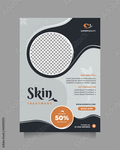 Skin treatment service concept flyer and brochure template with a4 size. Creative promotion design concept of professional hair spa, hair mask, hair style, cosmetic sale, beauty center, etc