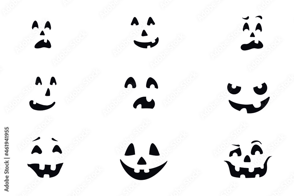Fototapeta premium conjunto de caras calabazas sobre fondo blanco - Símbolo principal de Halloween. Calabaza naranja con sonrisa para su diseño para la fiesta de Halloween. Ilustración vectorial.