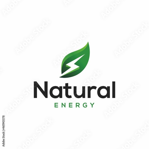 natural energy green leaf symbol with thunderbolt icon. eco energy logo vector icon illustration, natural power logo with leaf and a lightning symbol 