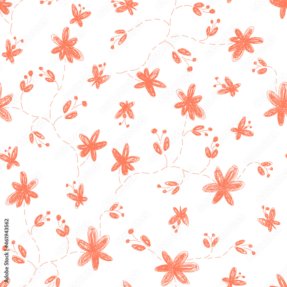 Seamless pattern of simple flowers on white background