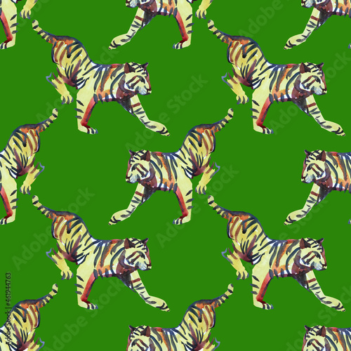 Seamless pattern watercolor hand-drawn abstract tiger wild cat isolated on green. Chinese symbol new year. Orange animal with black stripes. Creative background for christmas  celebration