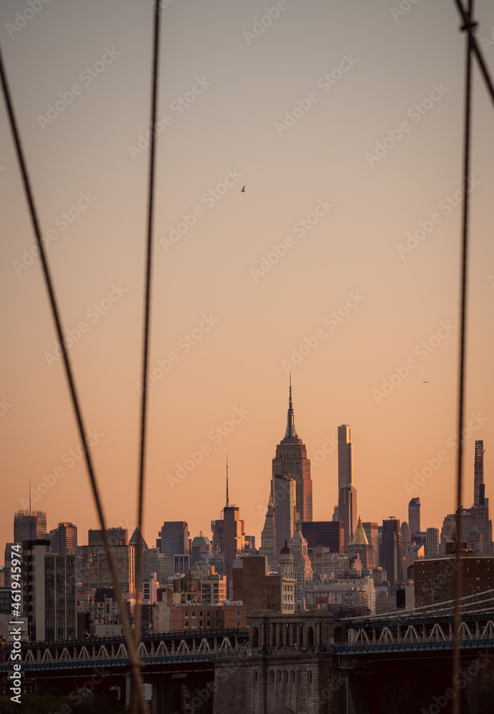 Manhattan New York city skyline at sunset views urban buildings skyscraper sunrise travel landscape usa