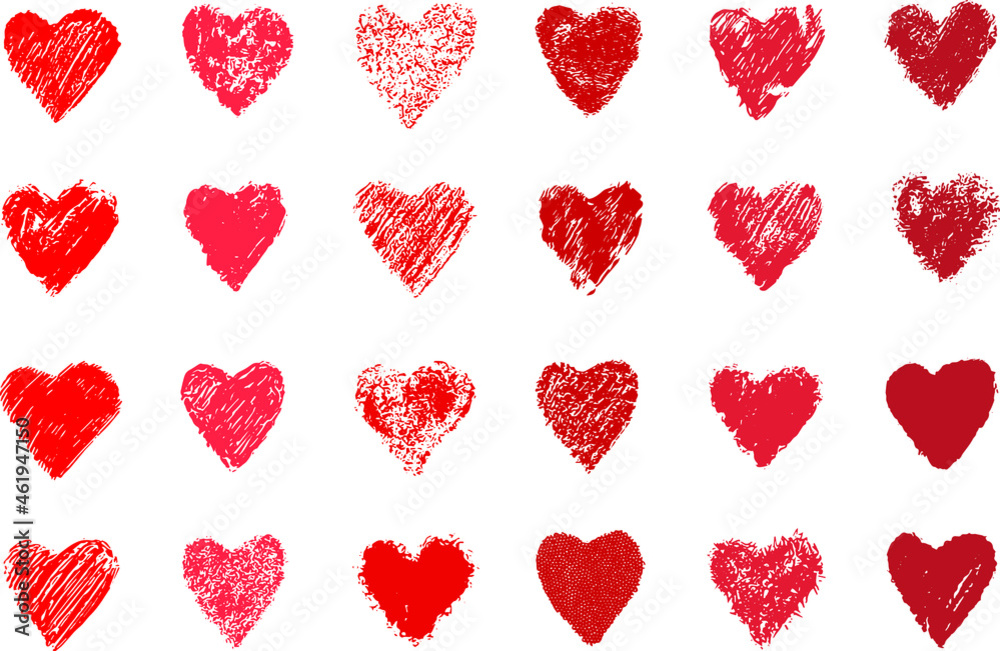 24 hearts in the red palette all have different shapes, strokes and textures, vector for background, templates and graphic resources. 24 hearts in the red palette all have different shapes, strokes and textures, vector for background, templates and graphic resources.