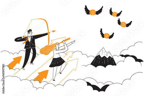 A businessman is shooting an arrow at something flying like a bitcoin.