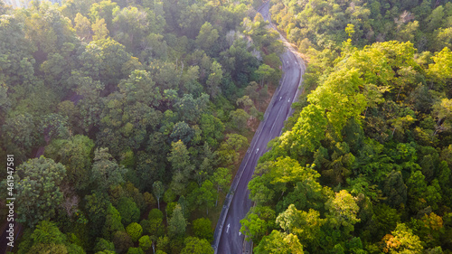 Aerial view of winding road in the forest