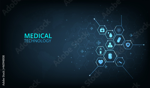 Medical technology network concept design.Icon medical network connection with modern on dark blue background.Health care concept.