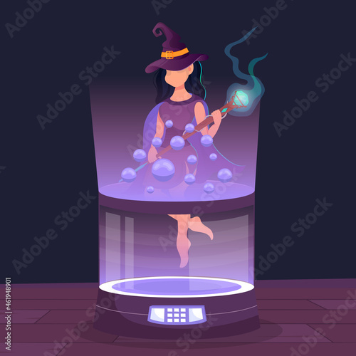 Happy Halloween. Witch Woman Wears Fancy Dress and Diamond Wand to do Trick or Treat in Moonlight.