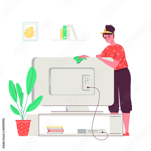 Happy woman doing cleaning. Lady cleaning living room Vector illustration cartoon