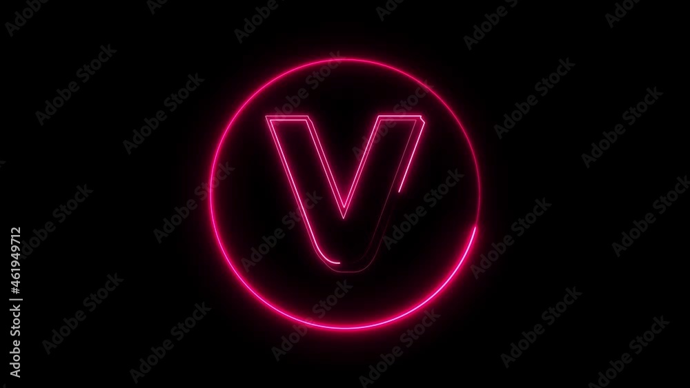 Neon font letter V . Animated pink neon alphabet symbol on black background. Neon font letter V . Animated pink neon alphabet symbol on black background.
