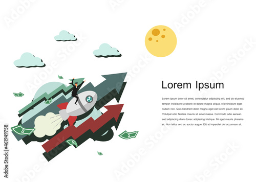 An investor sitting on rocket, taking off to the moon and enjoy his successful growth profit cartoon character isolated on white background flat vector illustration. Doing business and take profit.