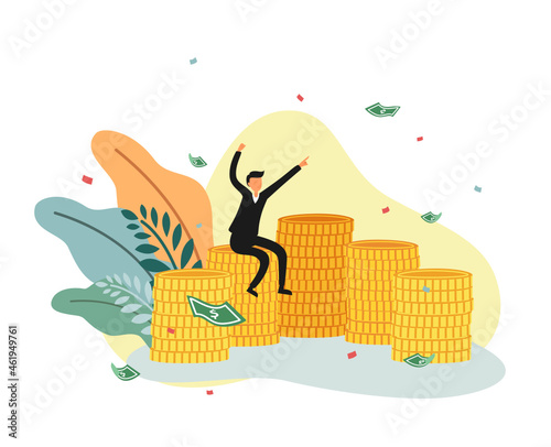 An investor sitting on a pile of coins and enjoy with his successful growth profit cartoon character isolated on white background flat vector illustration. Doing business and take profit.