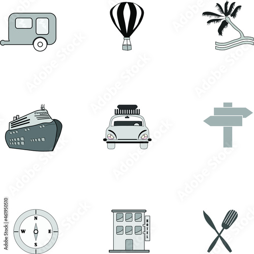 different travel vectors suggesting different modes of travel and directions hotels compass and hot air baloon, also a caravan