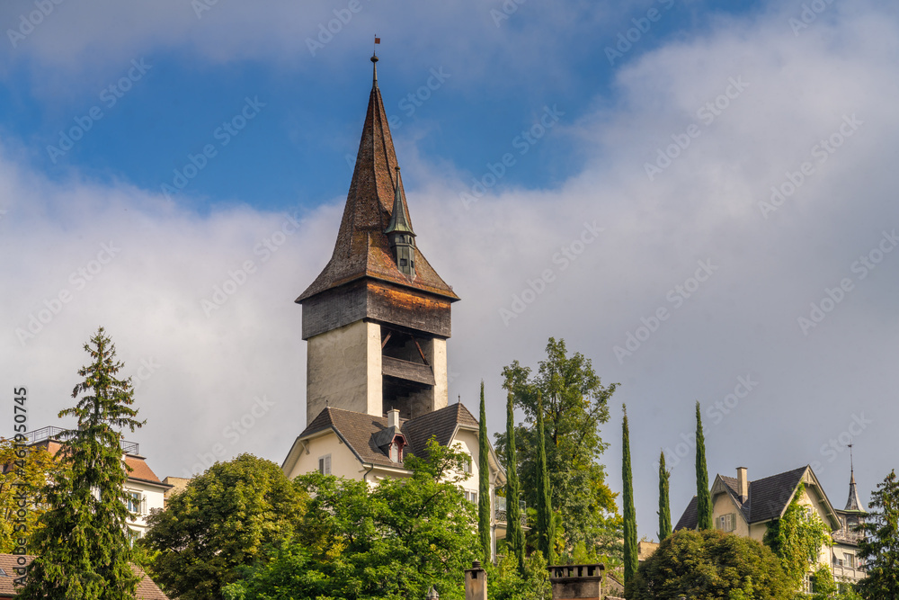 The Luegisland (look toward the land) Tower, the oldest of the nine towers along the old medieval city walls of Lucerne, Central Switzerland