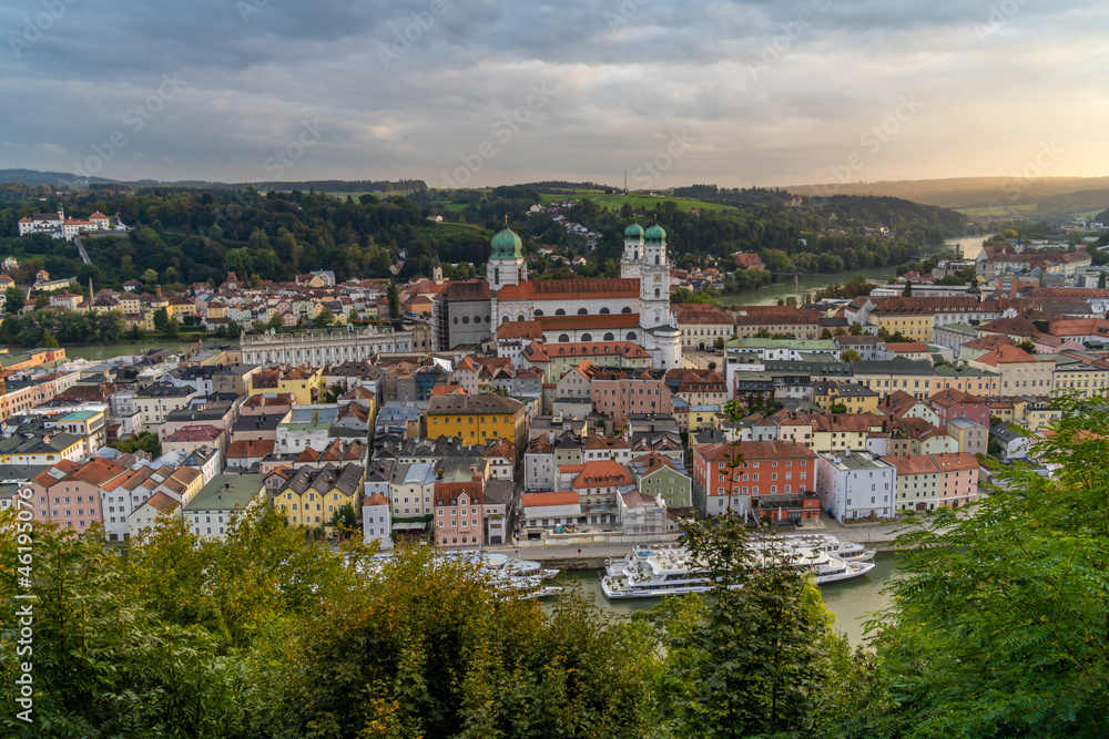 View of trhe old city of Passau from the Veste Oberhaus, Lower Bavaria, Germany, Also known as the Dreiflüssestadt (City of Three Rivers) where the Danube is joined by the Inn h and the Ilz