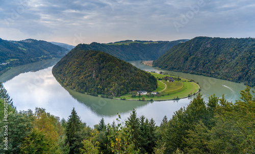 Dramatic view of the Donauschlinge (Danube bend or loop), a spectacular meander where the mighty river makes a 360 degree turn, Upper Austria