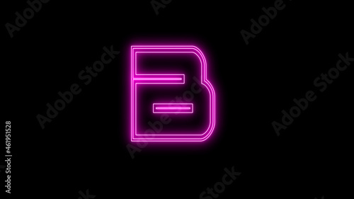 Neon font letter B uppercase appear in center and disappear after some time. Animated pink neon alphabet symbol on black background.