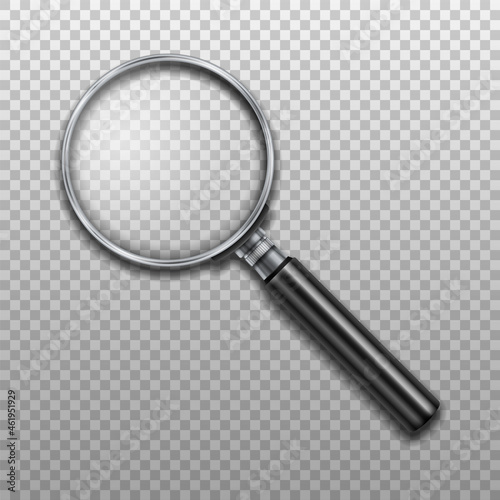 Realistic magnifying glass. Magnifying tool with shadow a transparent background. Vector illustration.