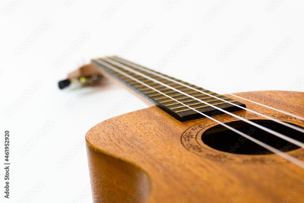 Obraz premium Close up of brown Ukulele on white background. Ukulele strings, saddle, soundhole, ukulele body, neck, fretboard.