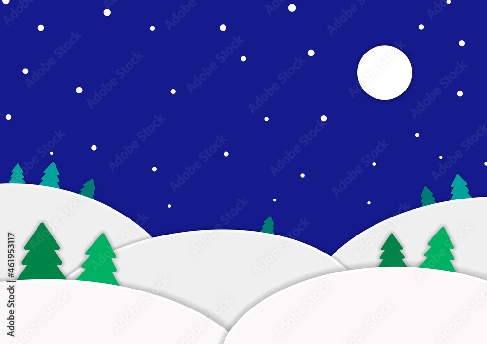 Fototapeta premium 夜の雪景色のペーパークラフト風背景イラスト