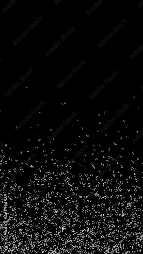 Falling numbers, big data concept. Binary white chaotic flying digits. Astonishing futuristic banner on black background. Digital vector illustration with falling numbers. Falling numbers, big data concept. Binary white chaotic flying digits. Astonishing futuristic banner on black background. Digital vector illustration with falling numbers.
