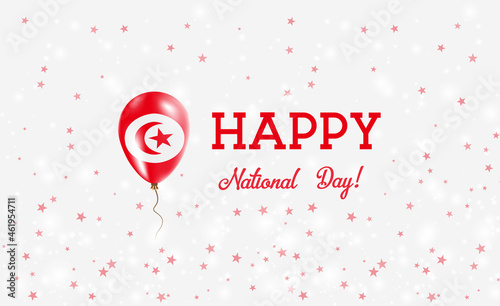 Tunisia National Day patriotic poster. Flying Rubber Balloon in Colors of the Tunisian Flag. Tunisia National Day background with Balloon, Confetti, Stars, Bokeh and Sparkles.