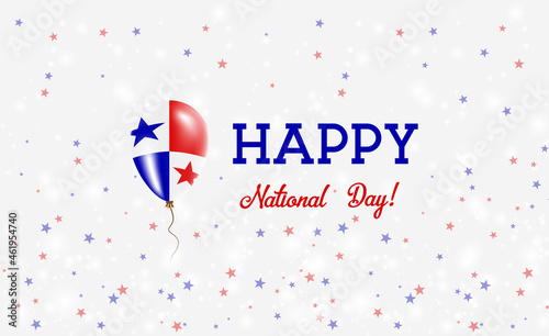 Panama National Day patriotic poster. Flying Rubber Balloon in Colors of the Panamanian Flag. Panama National Day background with Balloon, Confetti, Stars, Bokeh and Sparkles.