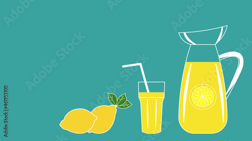 Lemonade in pitcher and lemon fruit  horizontal vector  illustration with space for text