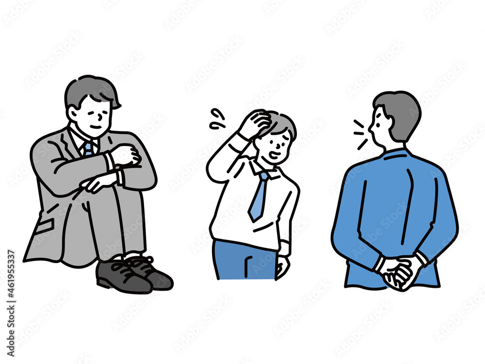 謝る、謝罪、落ち込む、仕事の失敗を表すイラスト(疲労、モチベーション、イライラ、やる気、疑問、頭を抱える) An illustration of an apology, apology, depression, or failure at work.Fatigue, motivation, irritation, motivation. 謝る、謝罪、落ち込む、仕事の失敗を表すイラスト(疲労、モチベーション、イライラ、やる気、疑問、頭を抱える) An illustration of an apology, apology, depression, or failure at work.Fatigue, motivation, irritation, motivation.