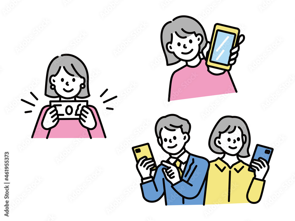 スマートフォンを持った男女のイラスト(副業、節約、お金、スマホ、SNS、情報、キャッシュレス) Hand with phone. QR code concept illustration of man scanning barcode using mobile smartphone for online shopping and payment. Flat vector illustration スマートフォンを持った男女のイラスト(副業、節約、お金、スマホ、SNS、情報、キャッシュレス) Hand with phone. QR code concept illustration of man scanning barcode using mobile smartphone for online shopping and payment. Flat vector illustration