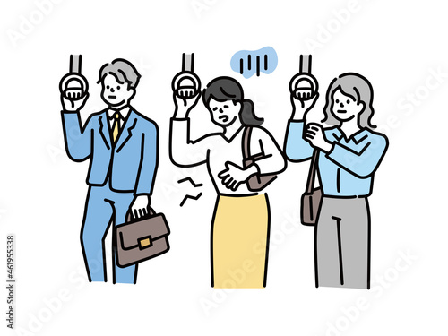 電車に乗る、つり革を掴むイラスト(通勤、通学、腹痛、体調不良、交通) An illustration of getting on a train and grabbing a strap.Commuting, commuting, abdominal pain, poor health, transportation.